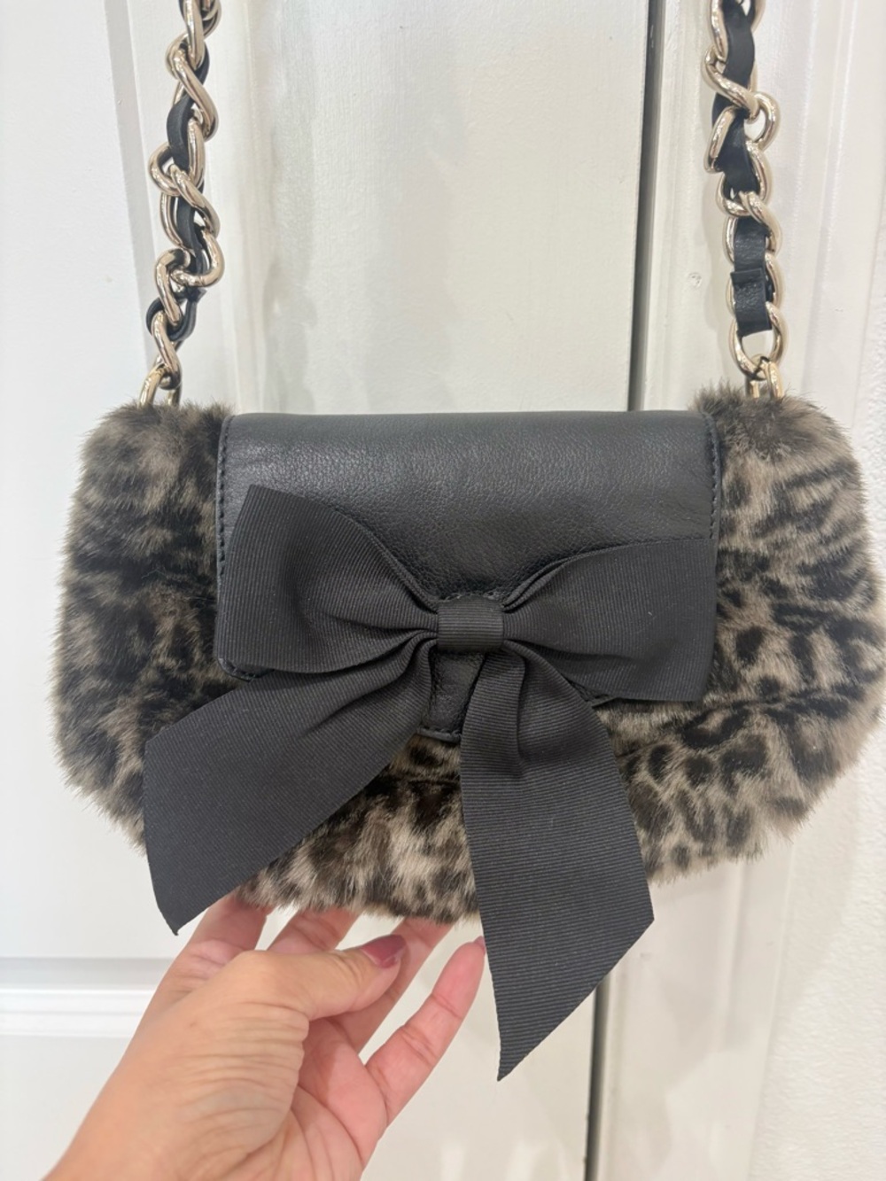 Kate spade New York Faux Fur Leopard Print Crossbody Bag with Black Bow